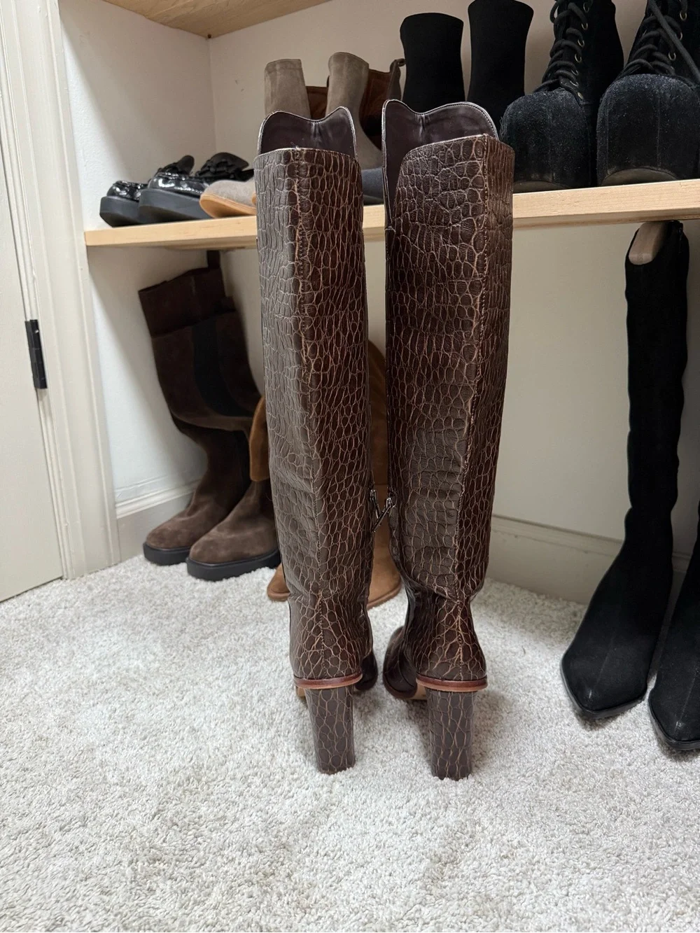 Vince Camuto Dark Brown Croc-Embossed Over-the-Knee Block Heel Boots